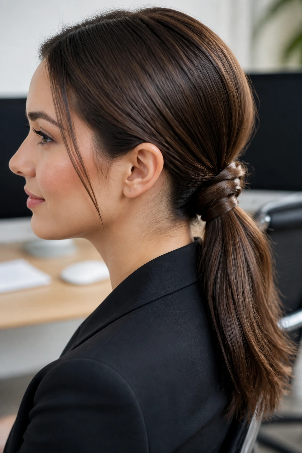 Close-up of a real woman in an office-ready knot ponytail with mid-low placement.