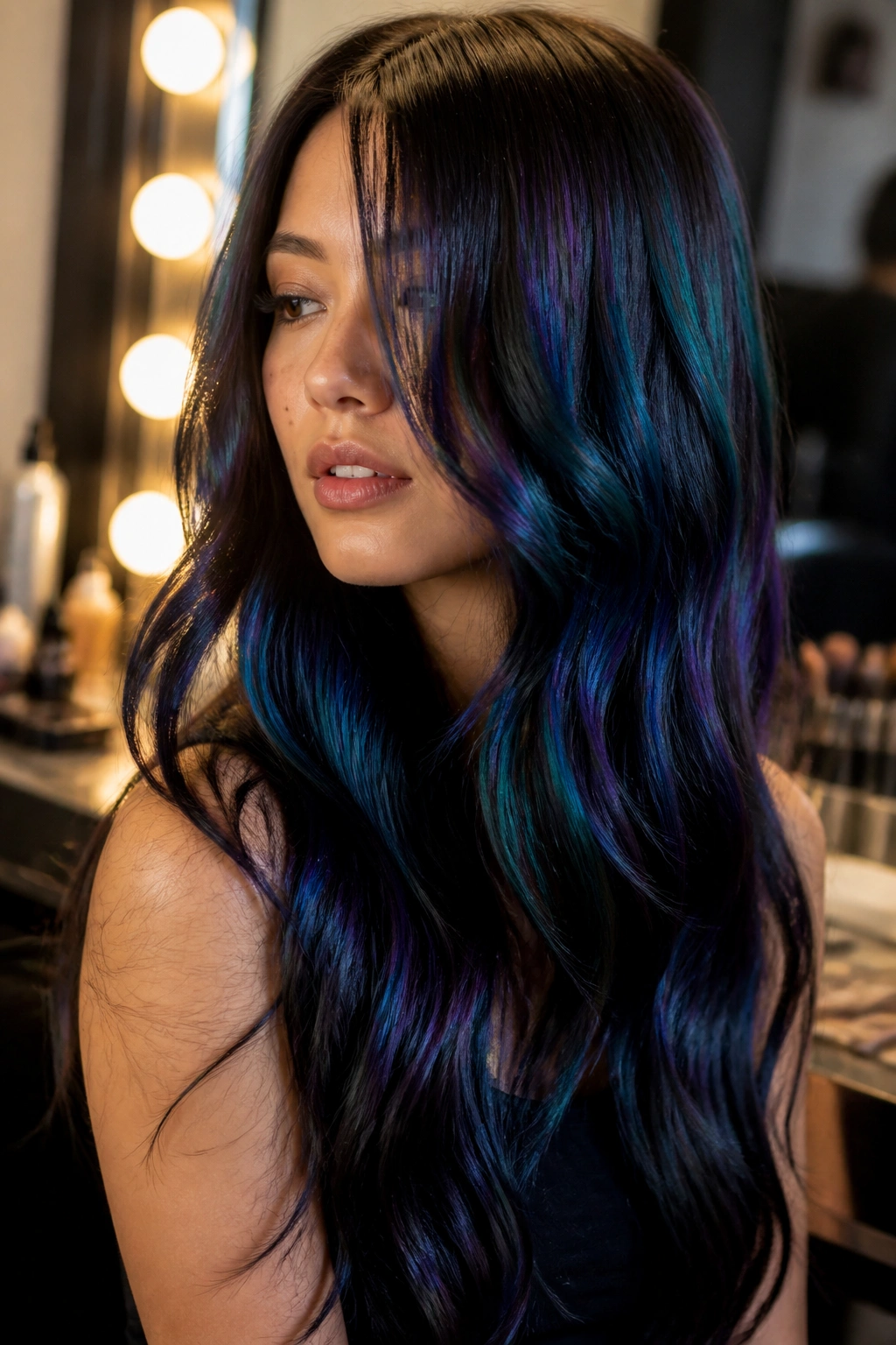 Close-up of long dark hair with oil-slick green indigo purple blue reflections