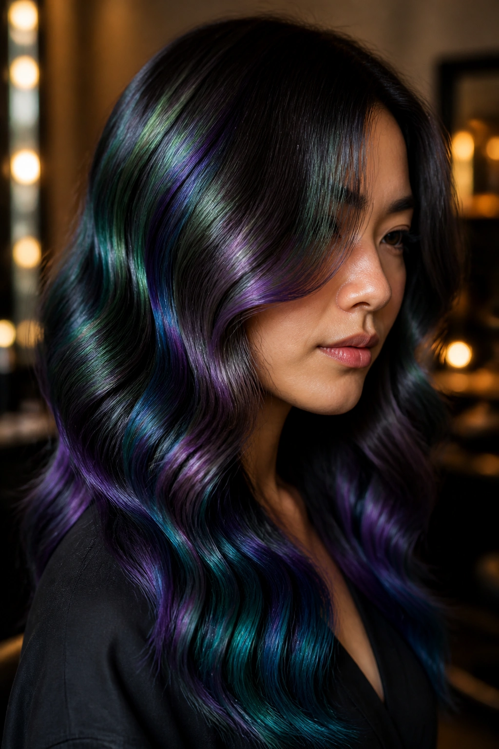 Close-up of a real person with oil-slick green blue purple waves over a dark base