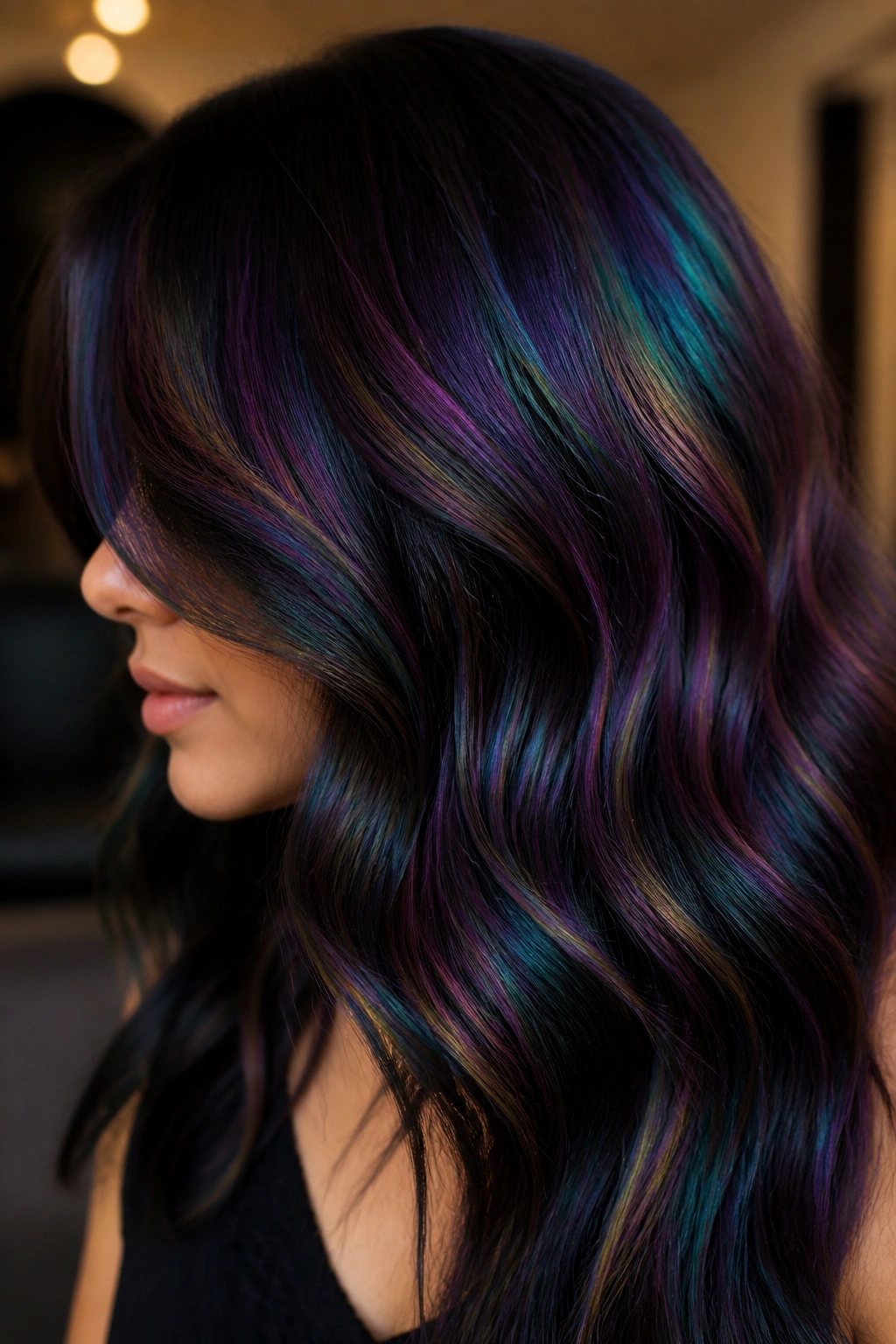Close-up of person with dark hair showing oil-slick rainbow reflections