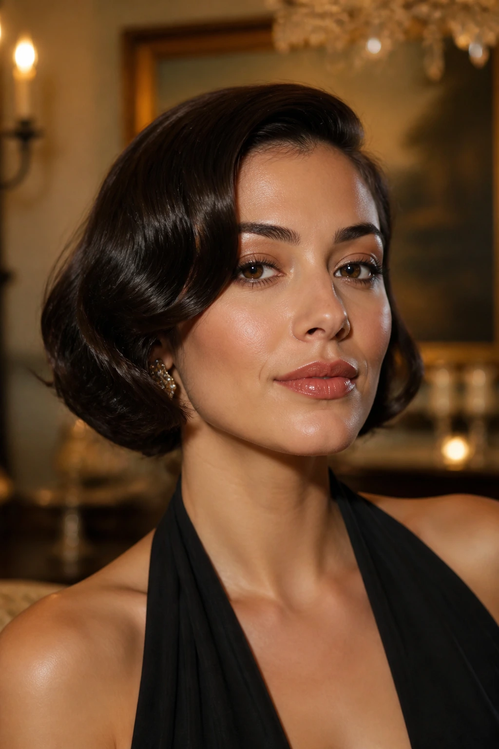 Old Hollywood bob with side part and waves on real woman