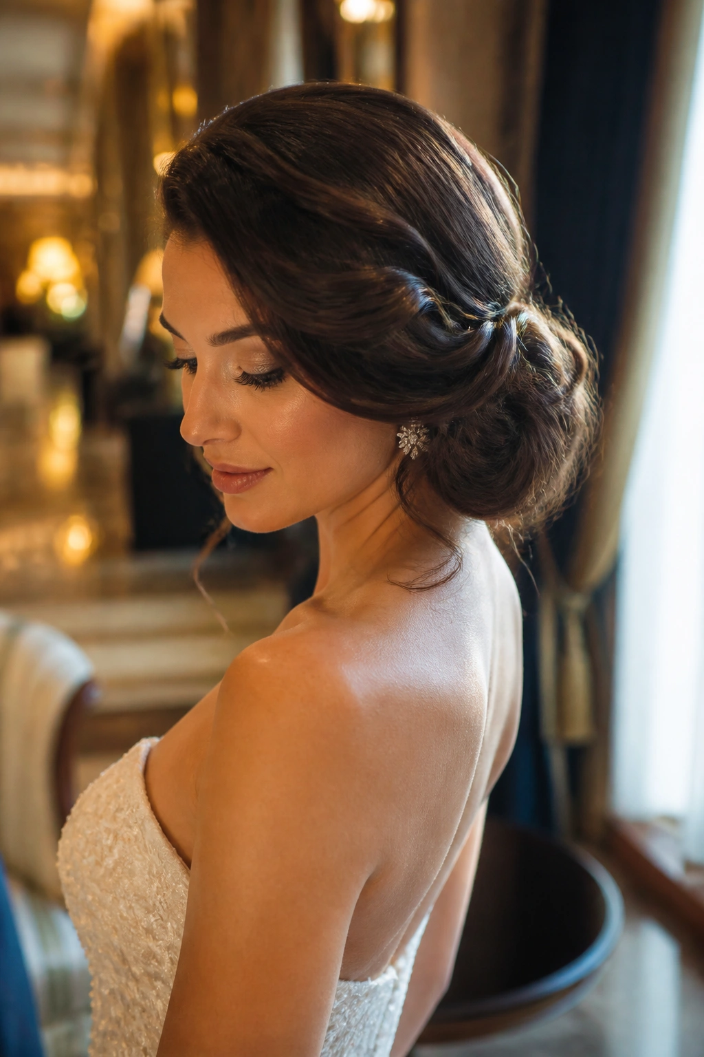Bride with an old-Hollywood side chignon in profile