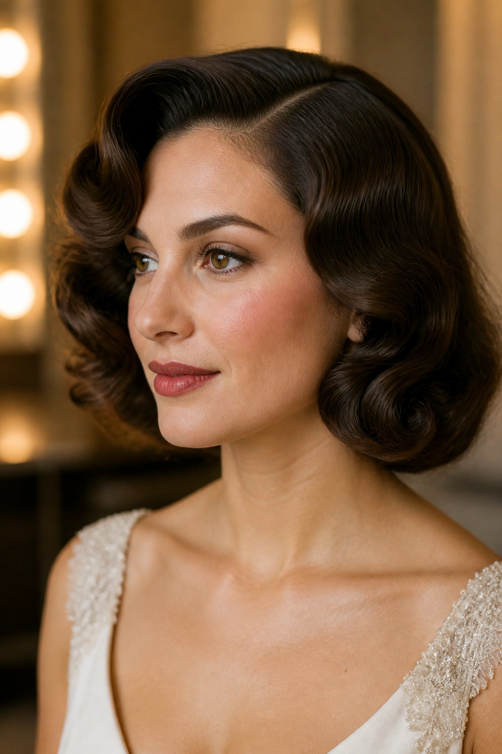Close-up of real woman with old Hollywood brushed curls on a bob in a dressing room