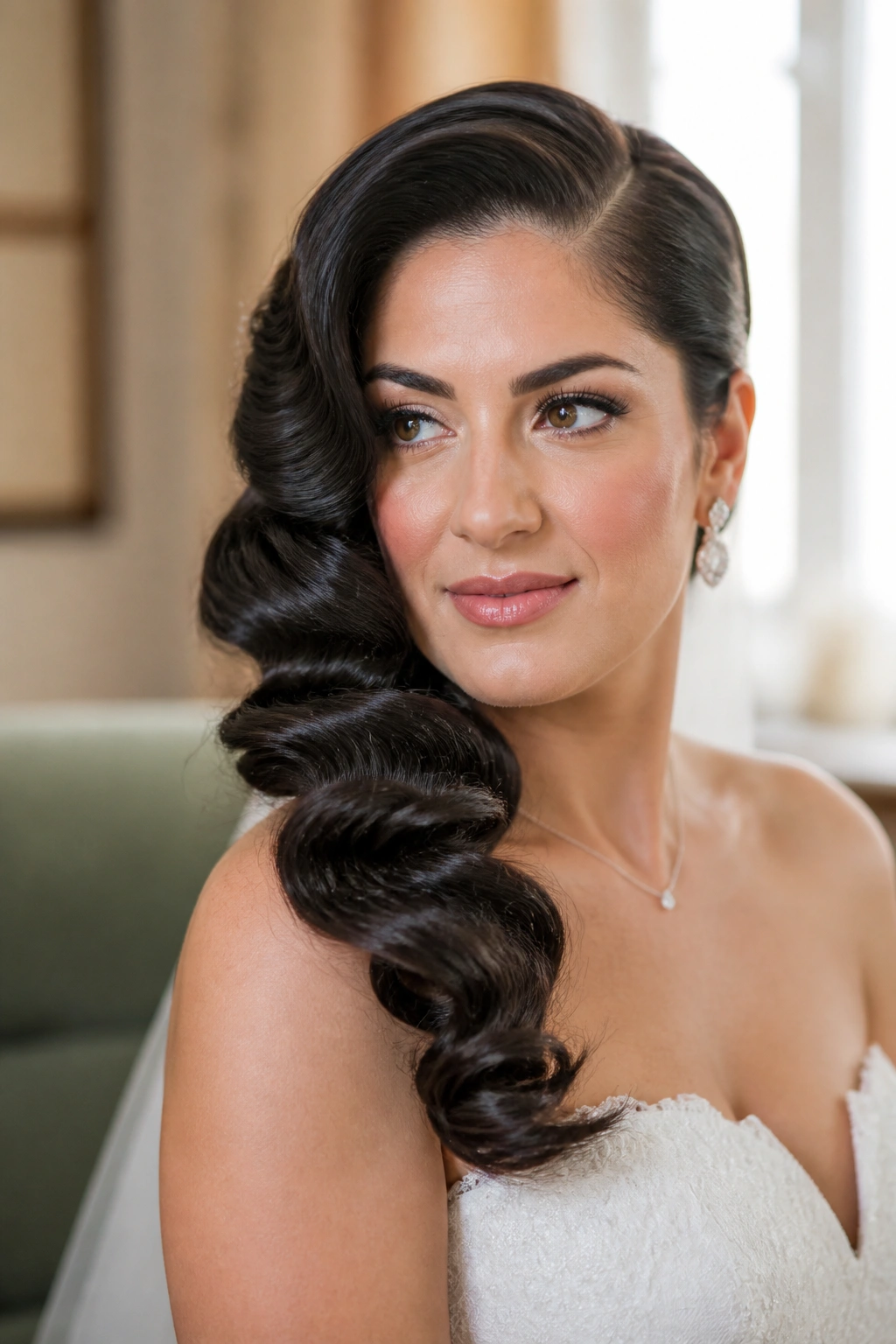 Close-up bride with Old-Hollywood side part and glossy barrel curls in warm bridal suite
