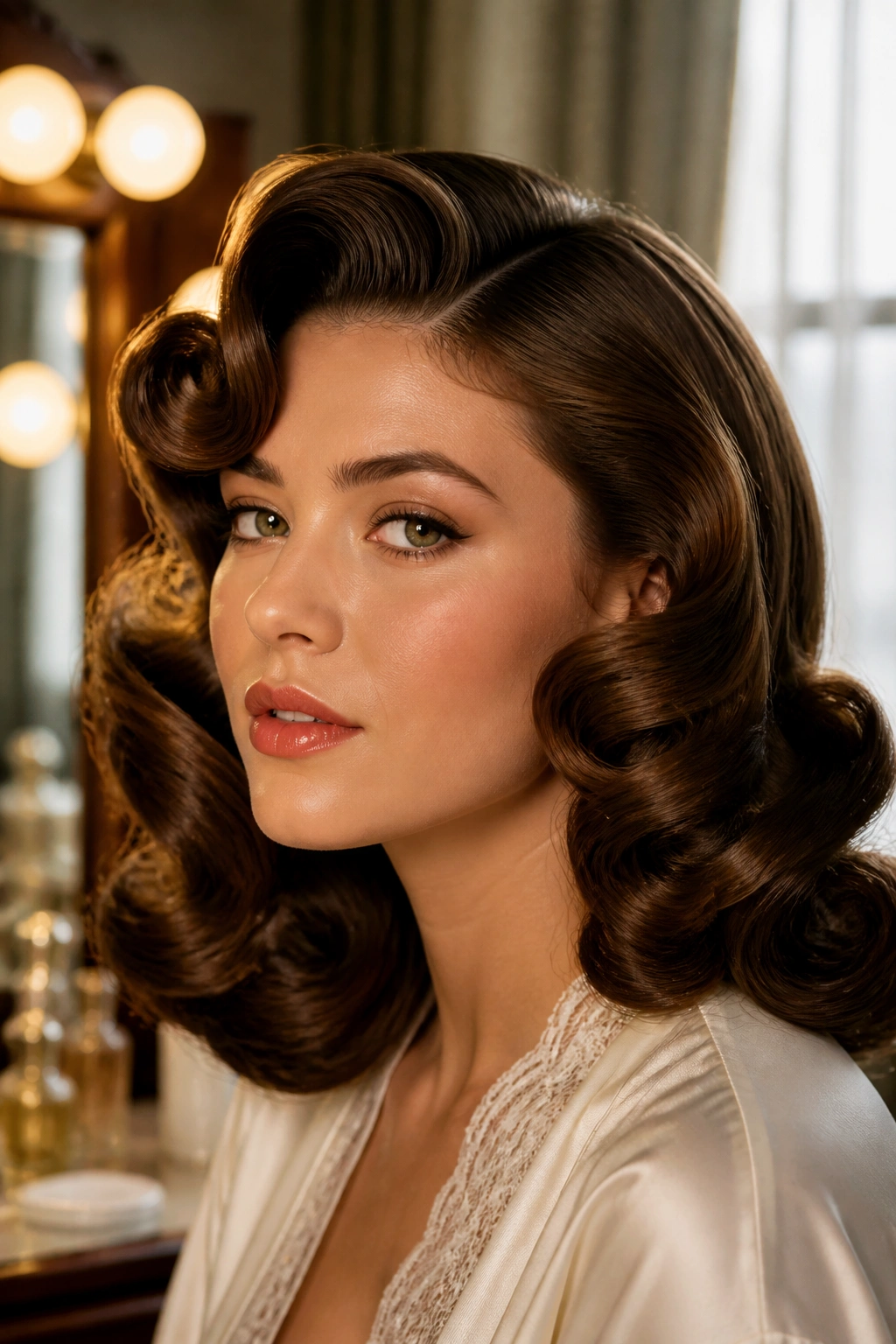 Close-up of a real woman with Old Hollywood Barrel Curls framing her face