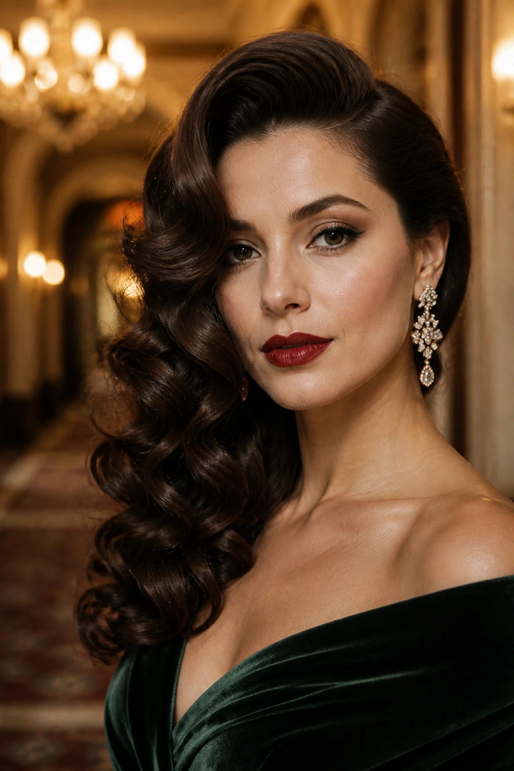 Close-up of a real woman with old-Hollywood side-swept curls under amber lighting