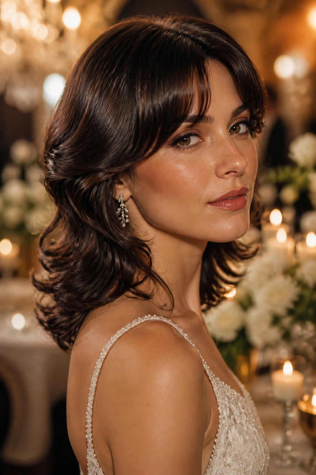 Real person with glossy old-Hollywood wolf-cut wave for wedding