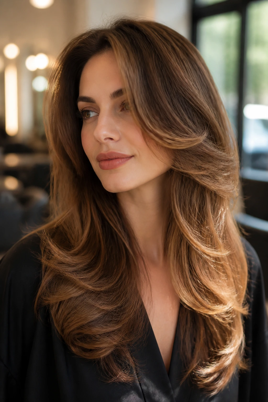Close-up of a real woman with long, shoulder-past layers in soft waves under warm salon light