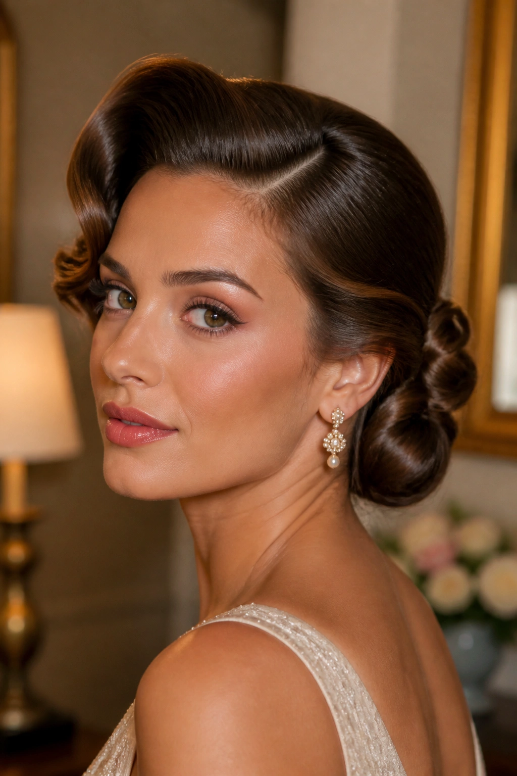 Close-up of a real woman with an old-Hollywood roll and bun hybrid hairstyle in a warm stylish room