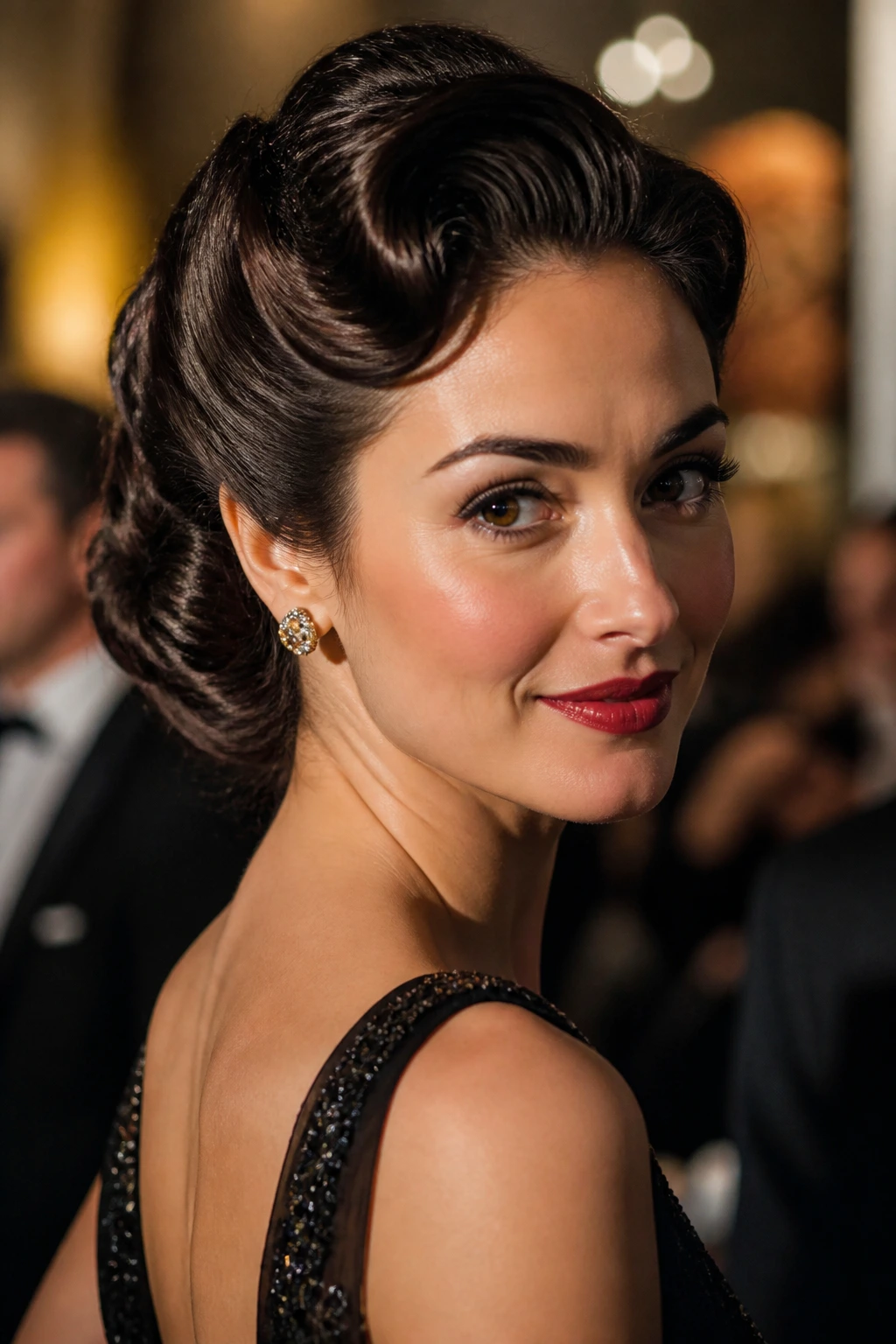 Real woman with old-Hollywood rolled updo in soft evening light