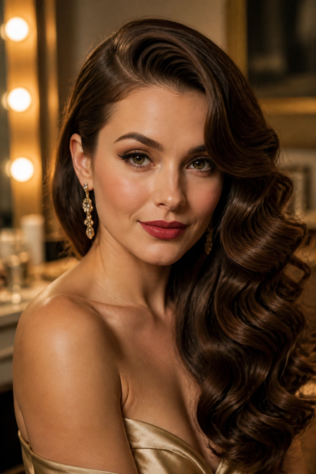 Close-up portrait of a real woman with deep side-parted waves styling Old Hollywood on long hair
