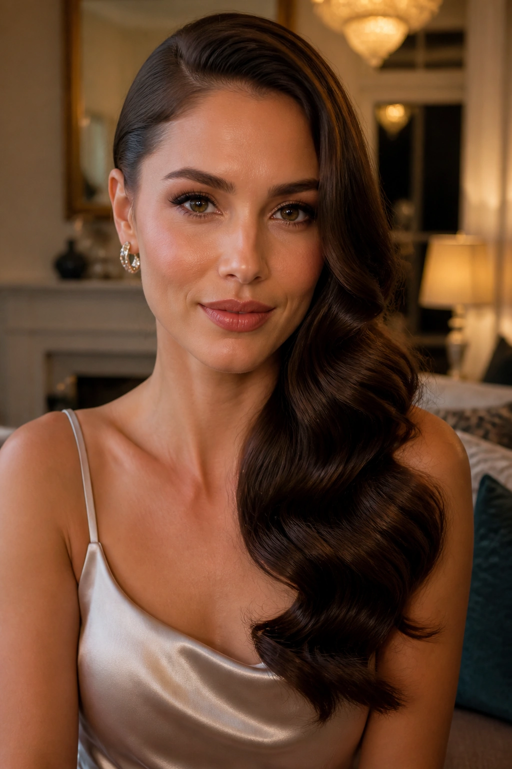 Close-up of a real woman with Deep Side-Part Old Hollywood Sweep hairstyle