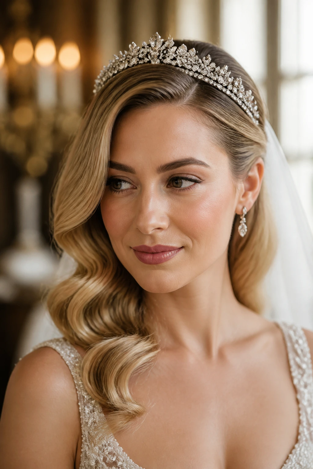 Bride with side-parted waves and vintage tiara in a softly lit ballroom