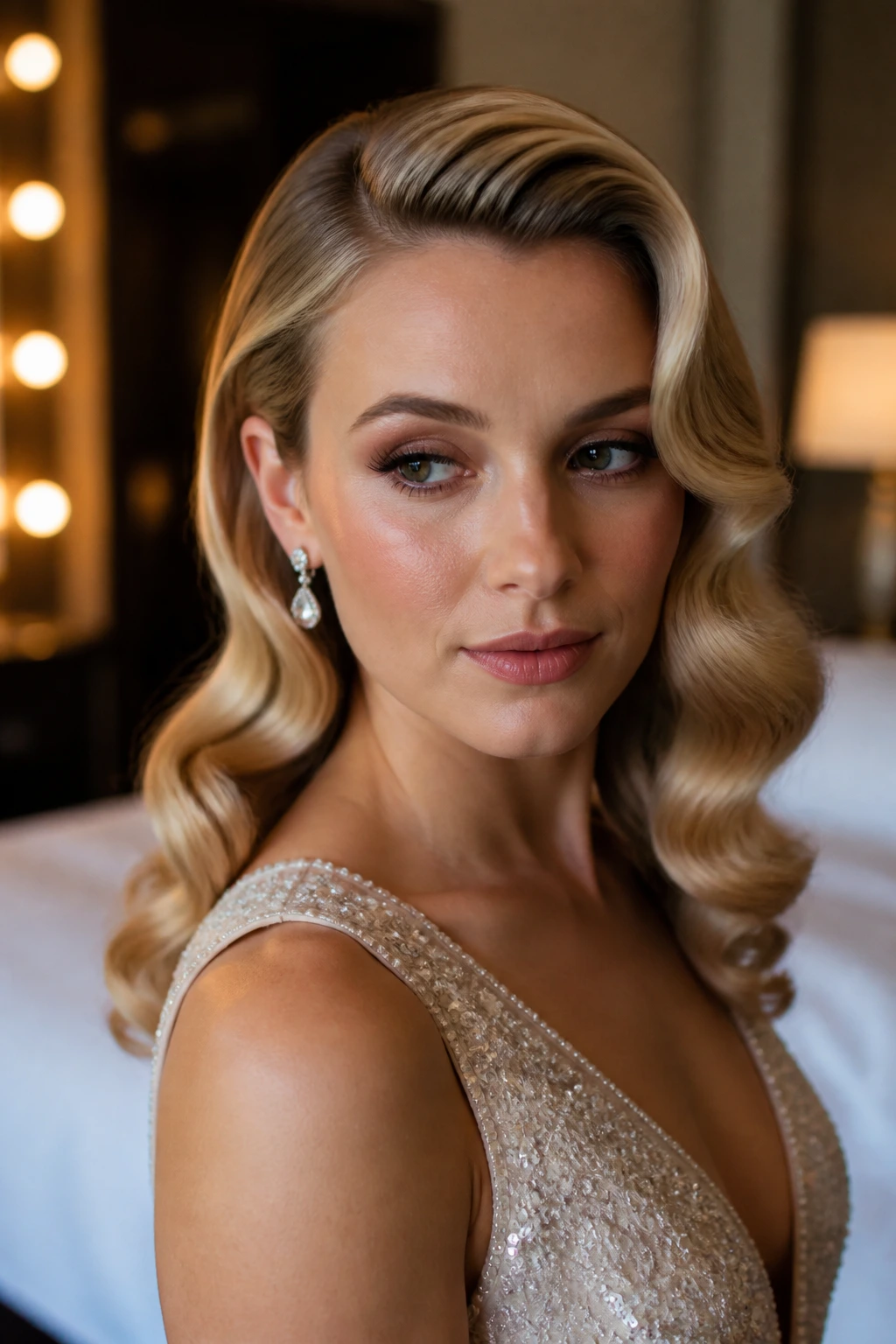Close-up portrait of a real woman with Old Hollywood Waves and a deep side part