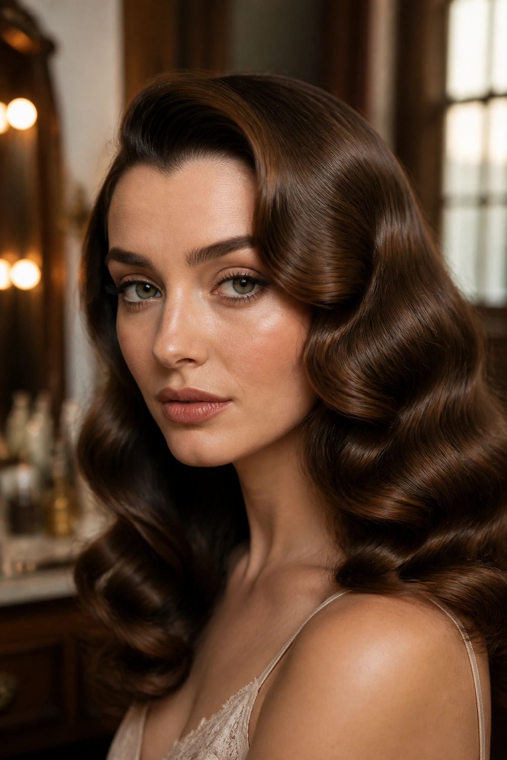 Close-up of a real woman with Old Hollywood Waves hairstyle, glossy side-parted waves.