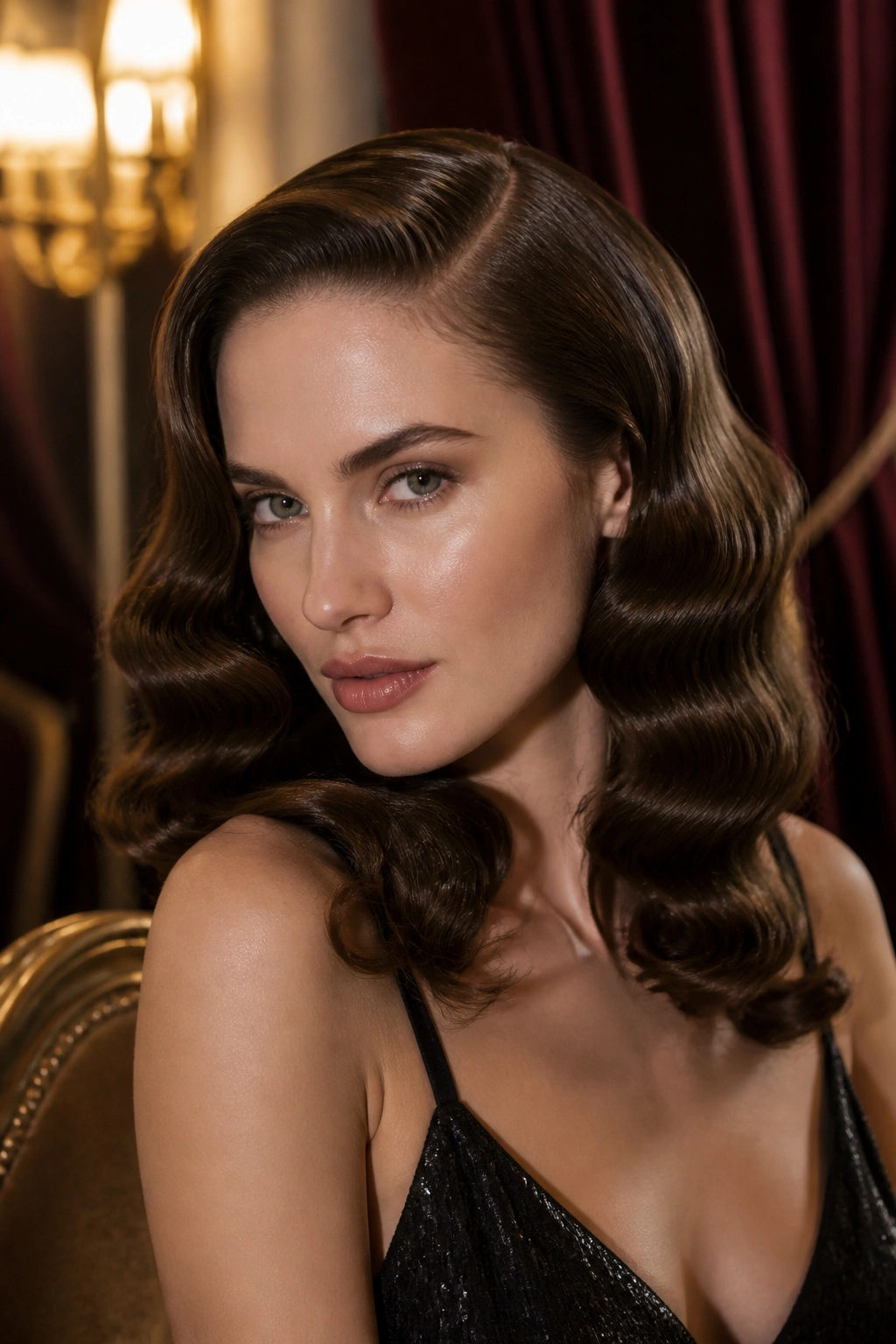 Portrait of a woman with old Hollywood waves and a low part.