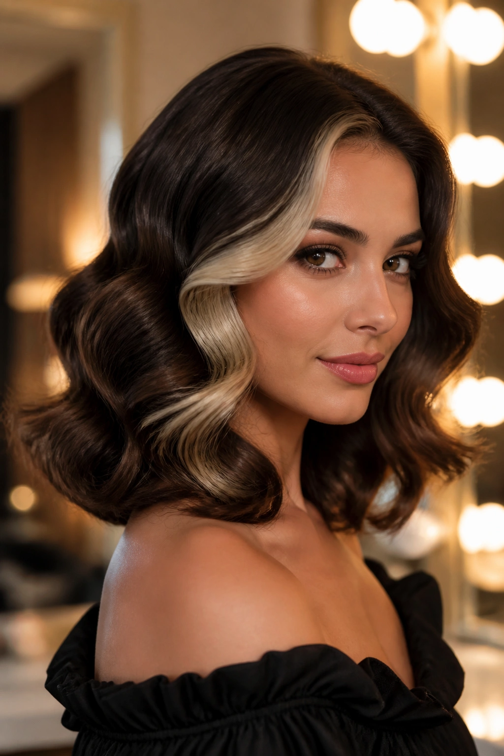 Close-up of a real woman with Old Hollywood waves and a face-framing money piece.
