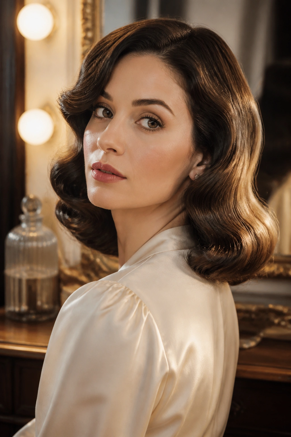 Close-up of a real woman with old Hollywood brushed-out waves on shoulder-length hair