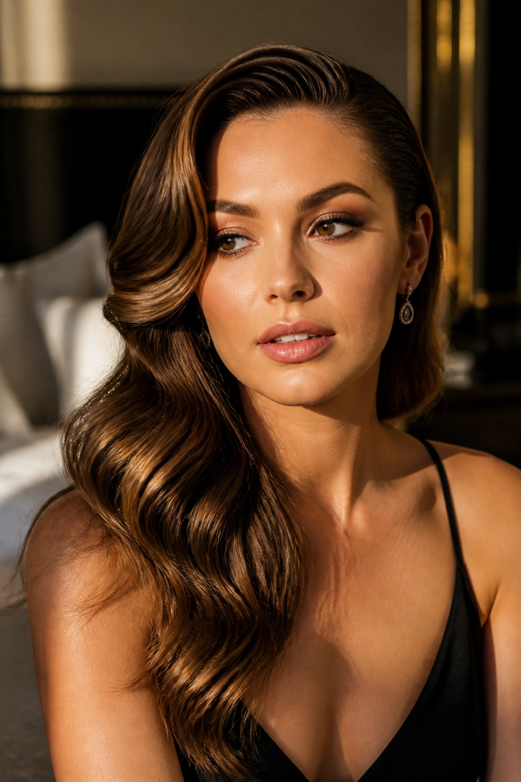 Close-up of a real woman with Old Hollywood side-swept loose waves