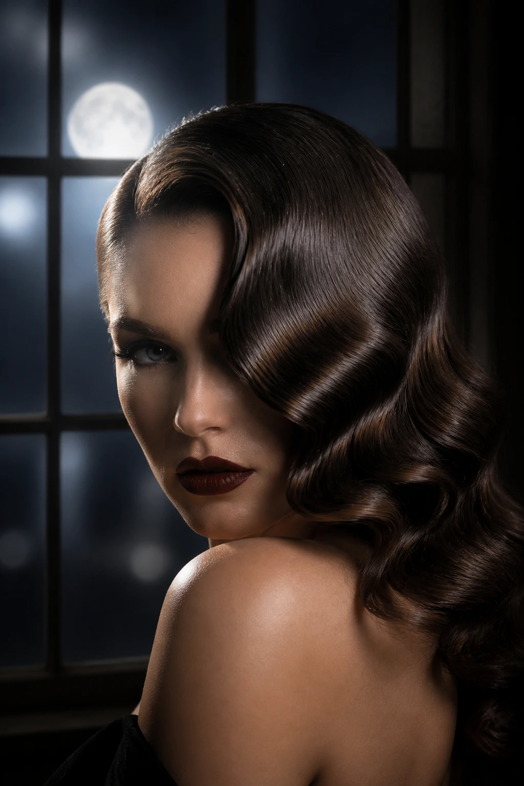 Close-up of a real woman with deep side part and sculpted waves across one eye, moonlit backdrop