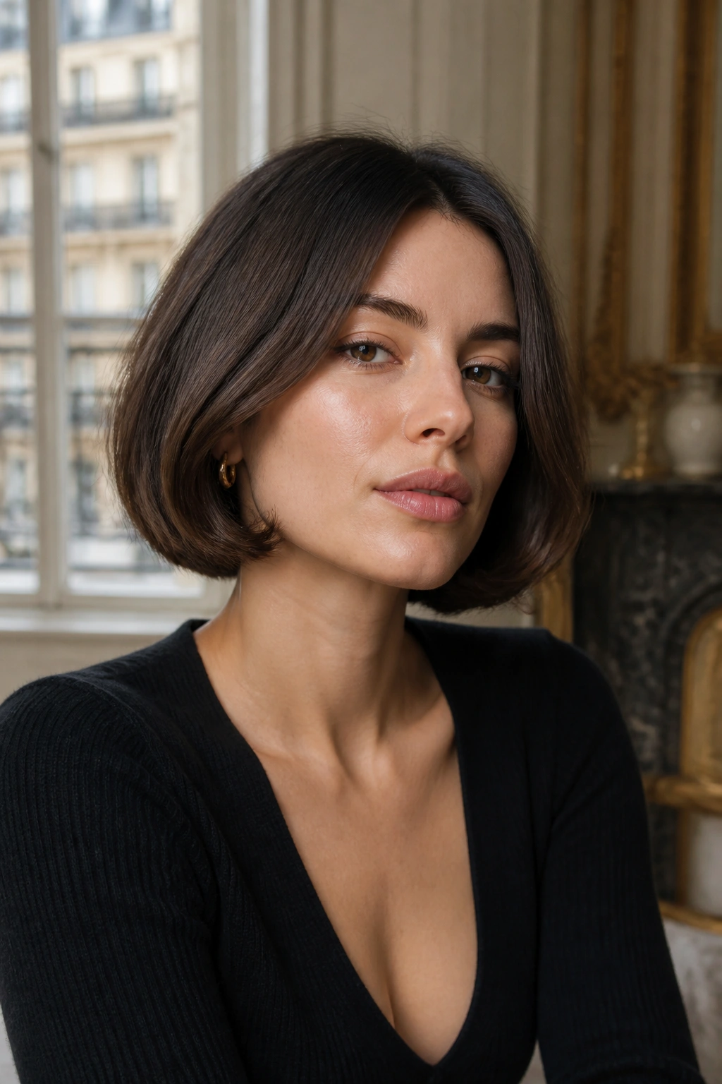 Close-up portrait of a real woman with a jaw-length Old Money French Bob with a soft bend