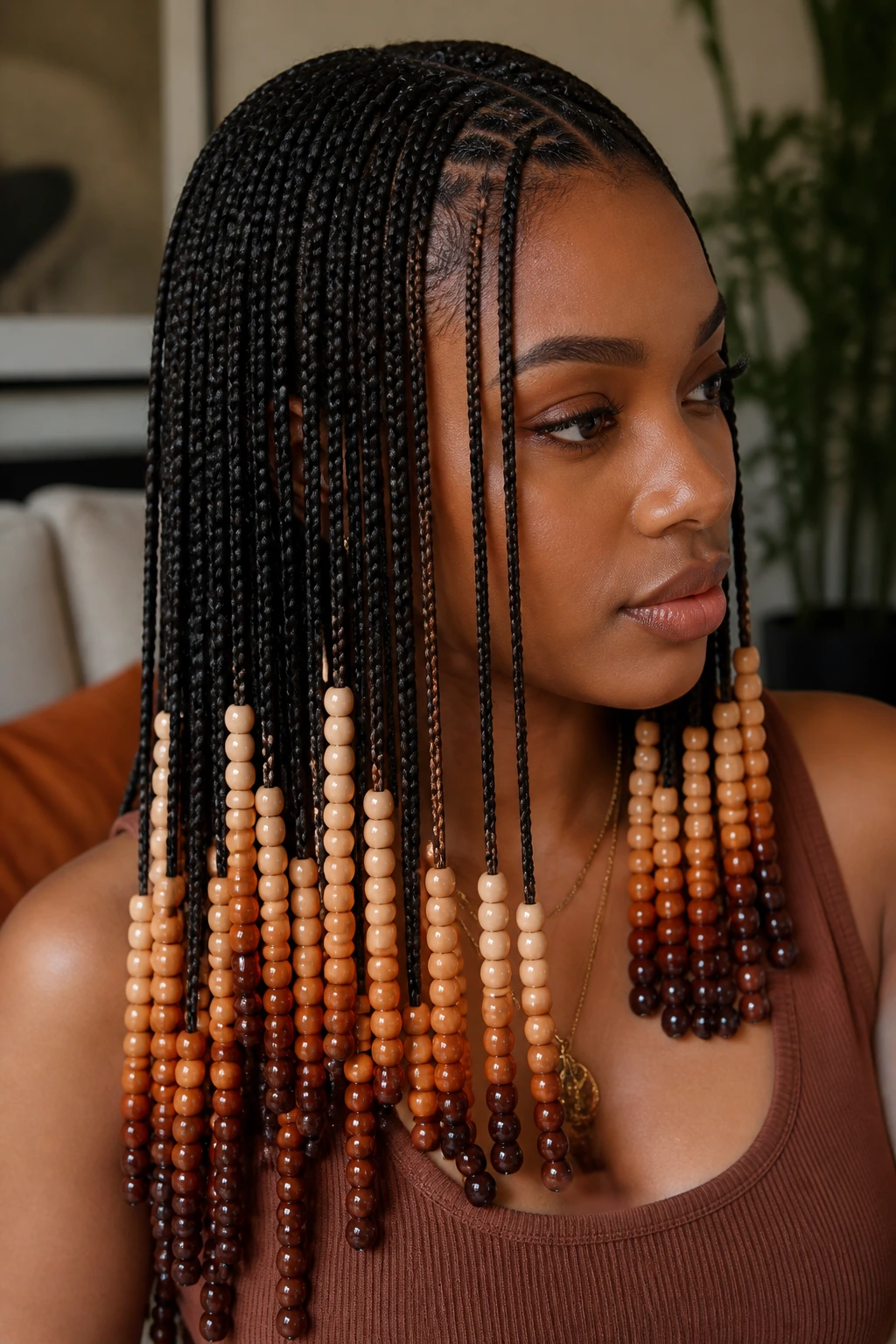 Close-up of real person with ombre beads in gradient on box braids.