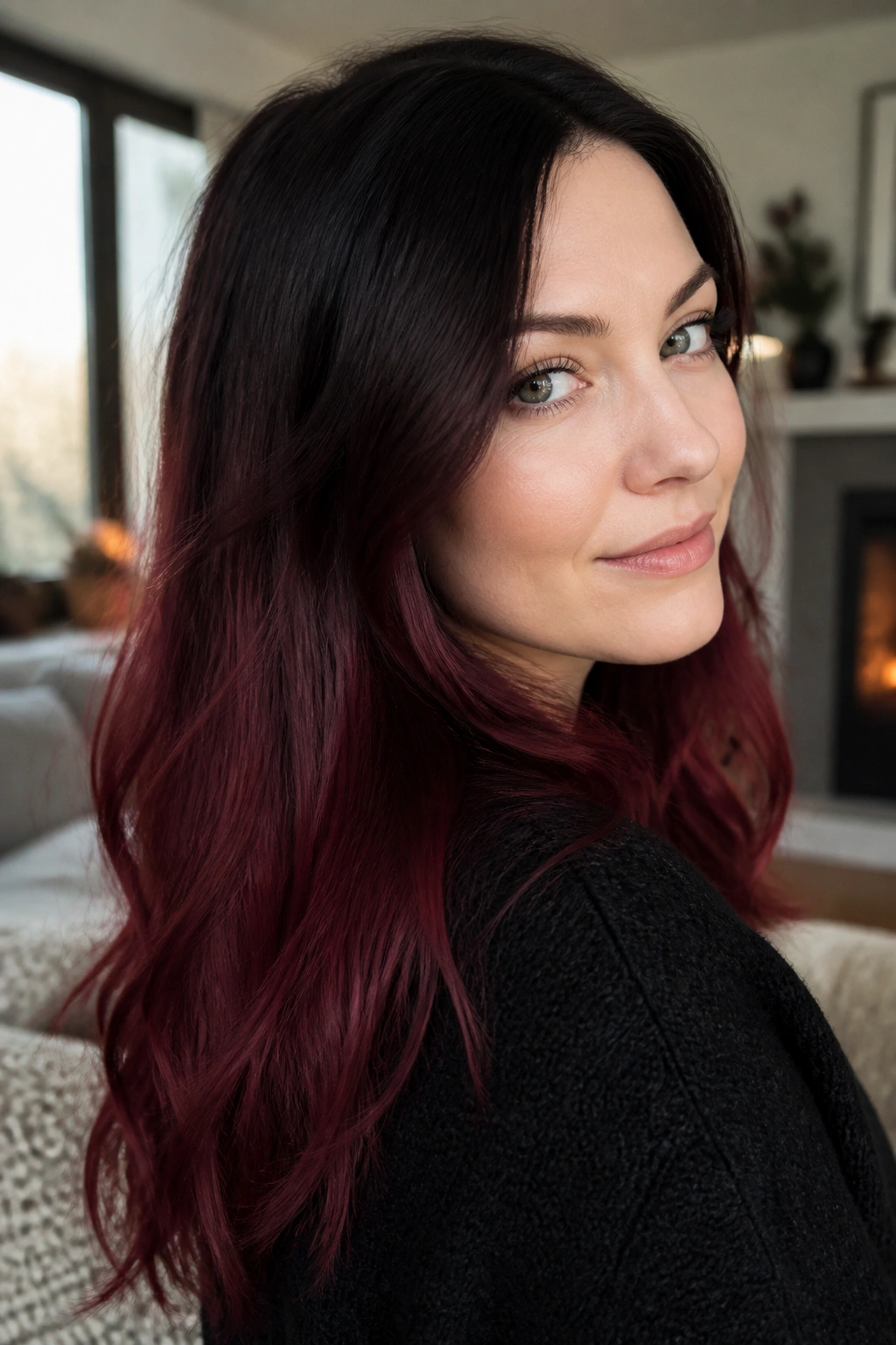 Close-up portrait of a woman with mulled berry ombré hair featuring a dark root and berry ends