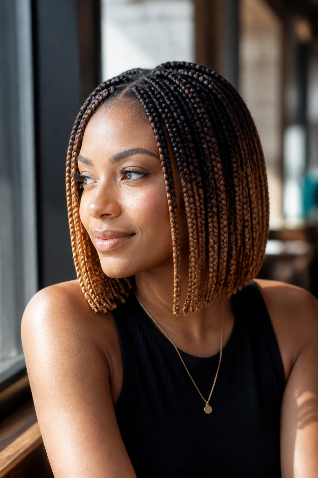 Real woman with ombre short box braids bob