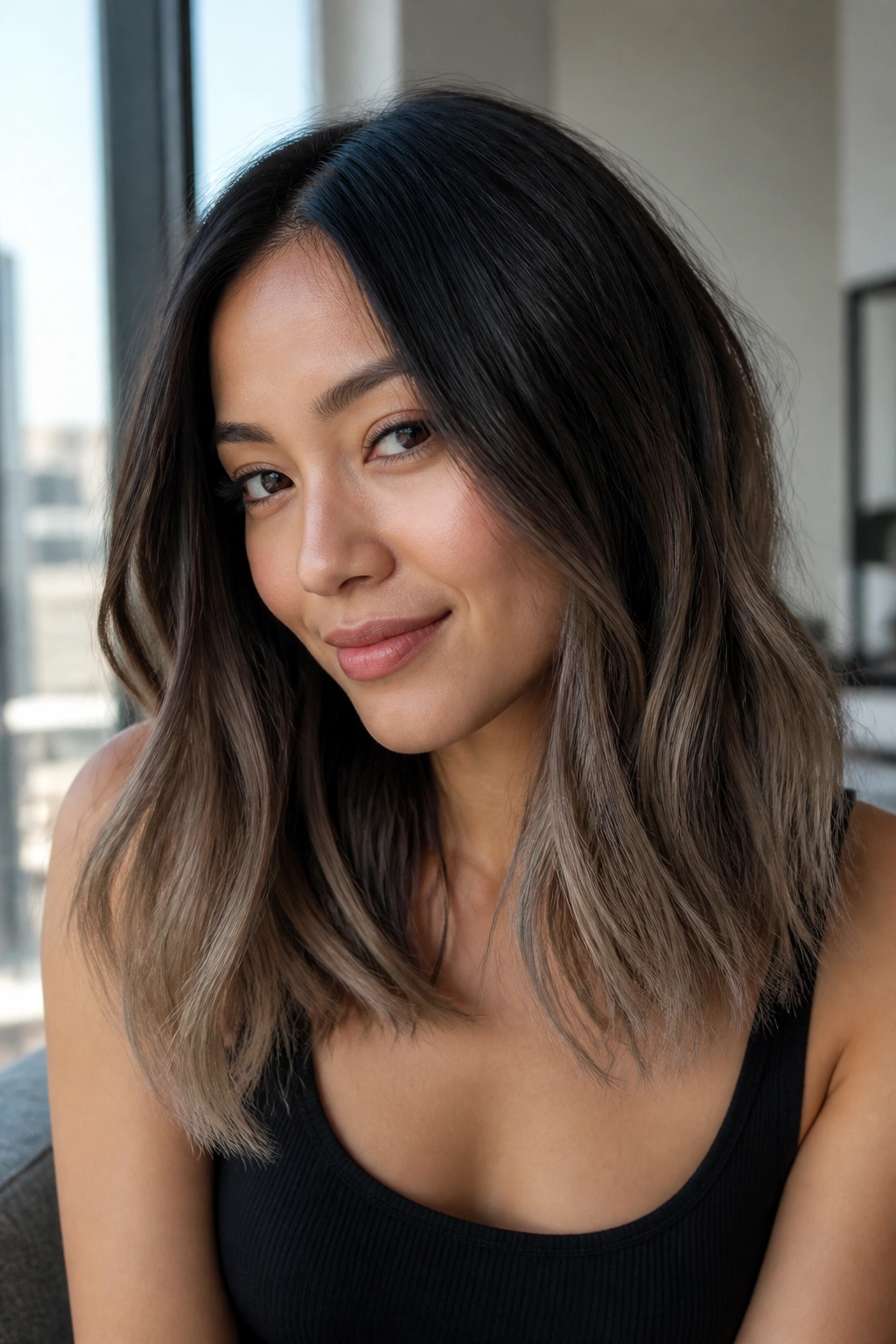 Close-up of brunette with black to espresso to taupe ombre in natural light