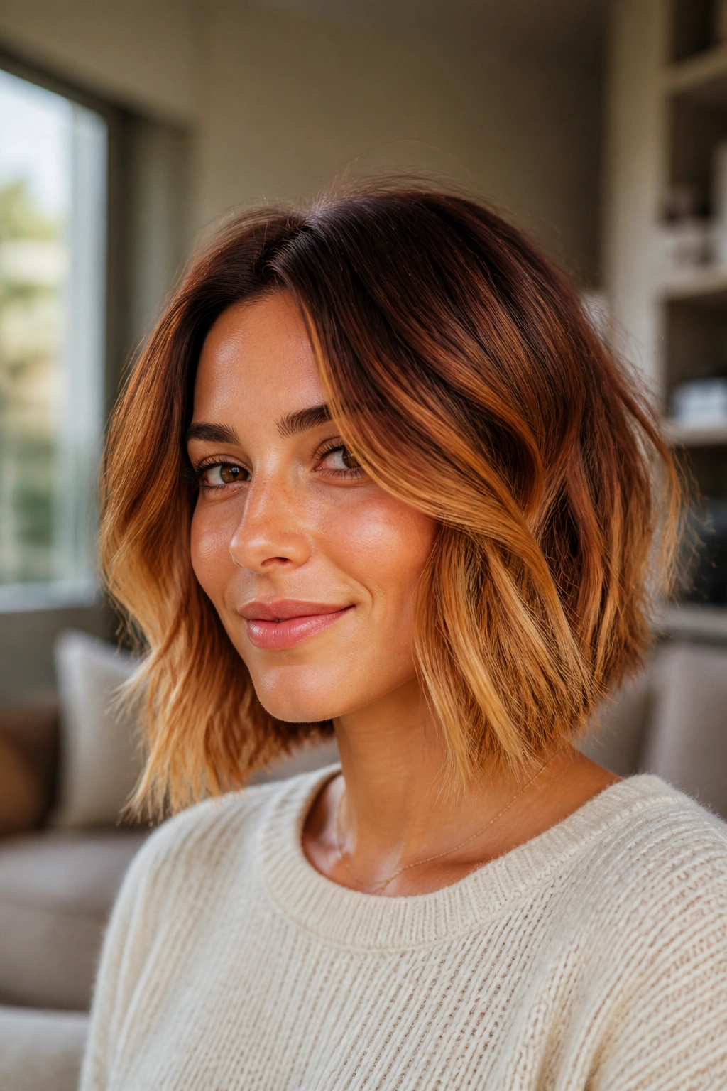 Close-up portrait of a real person with cinnamon to golden amber ombre on a short bob.