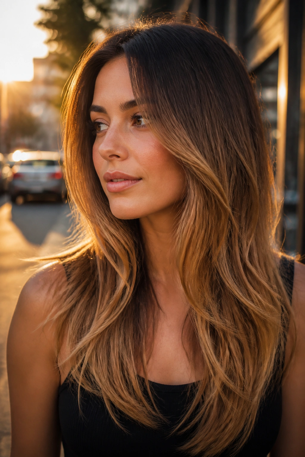 Portrait of a real woman showing melted caramel ombré on long layered hair.