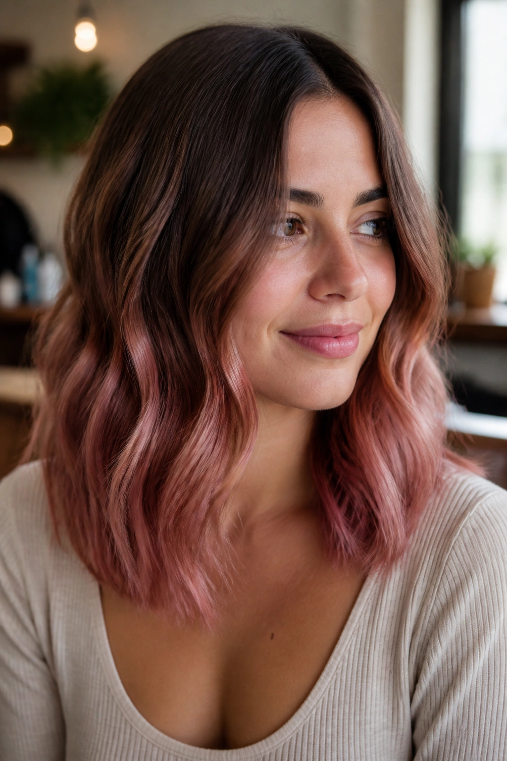 Close-up of mocha to rose gold ombre on medium hair in warm natural light