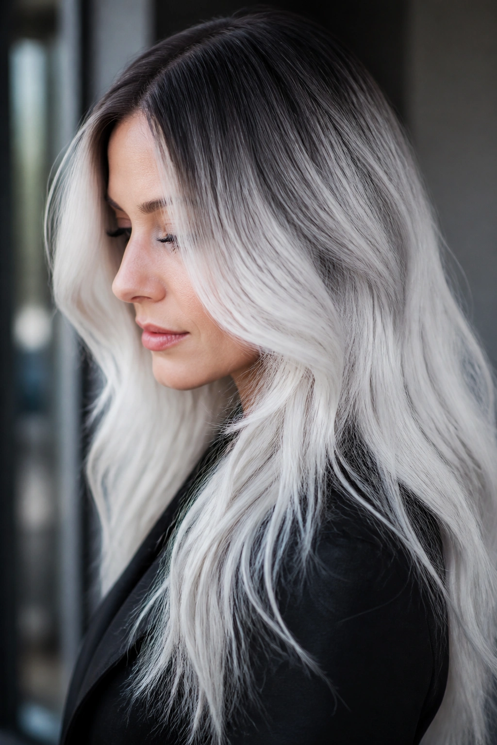 Close-up portrait of a real person with icy white ombre and shadow roots.