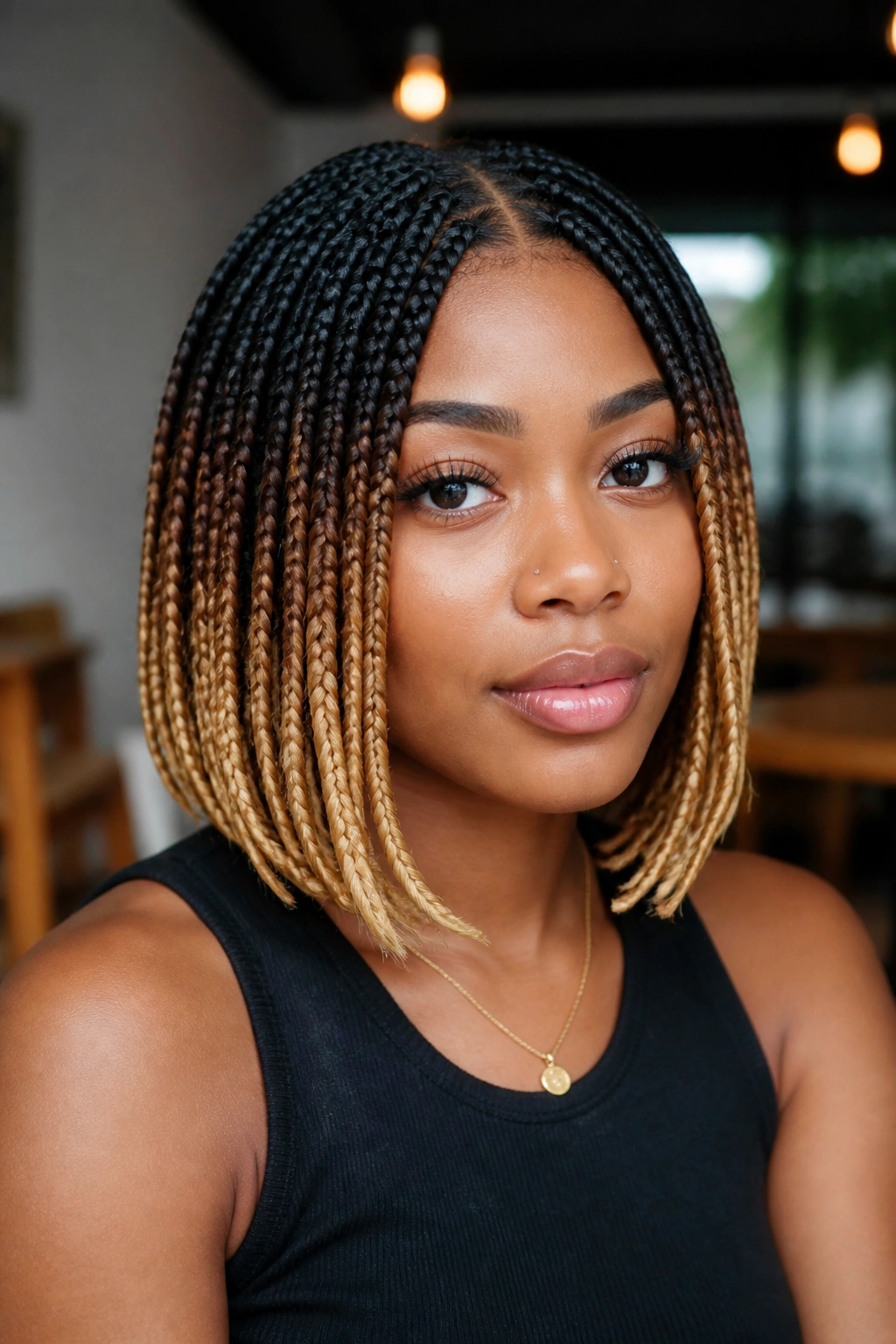 Close-up of a real person with ombré short box braids