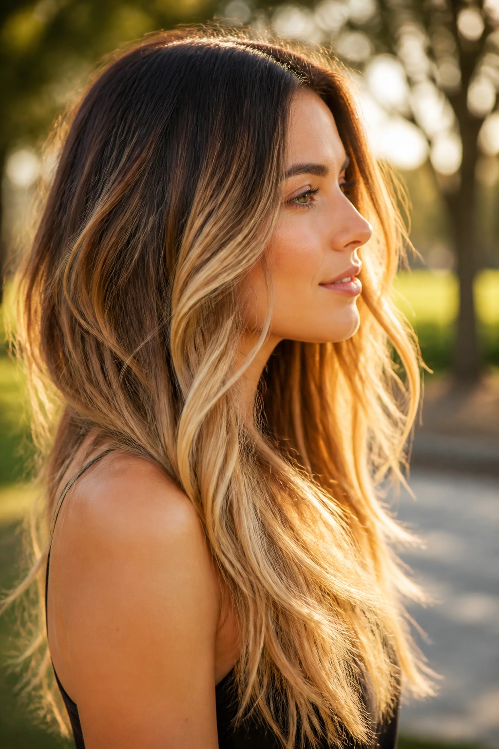 Side profile portrait with sunlight-inspired ombré hair outdoors