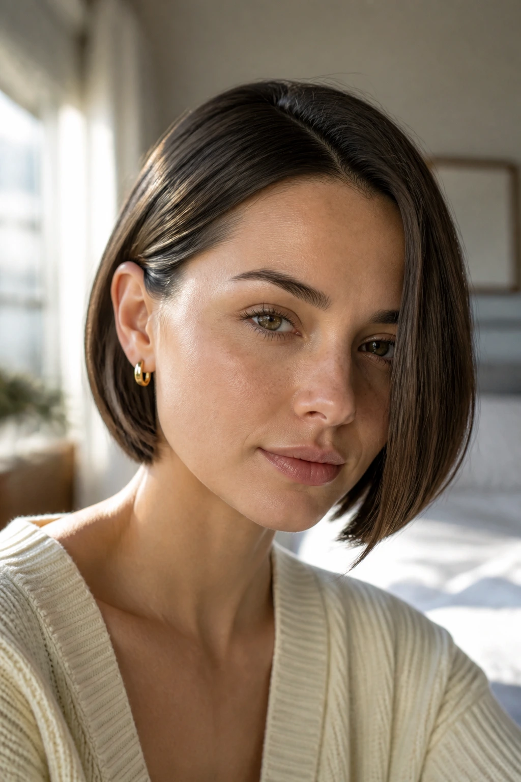 Close-up portrait of a real woman wearing a classic one-ear tuck bob with ear tucked behind and jawline highlighted in warm window light