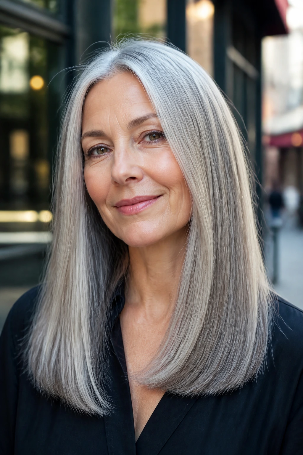 Real woman with one-length hair and beveled ends in daylight
