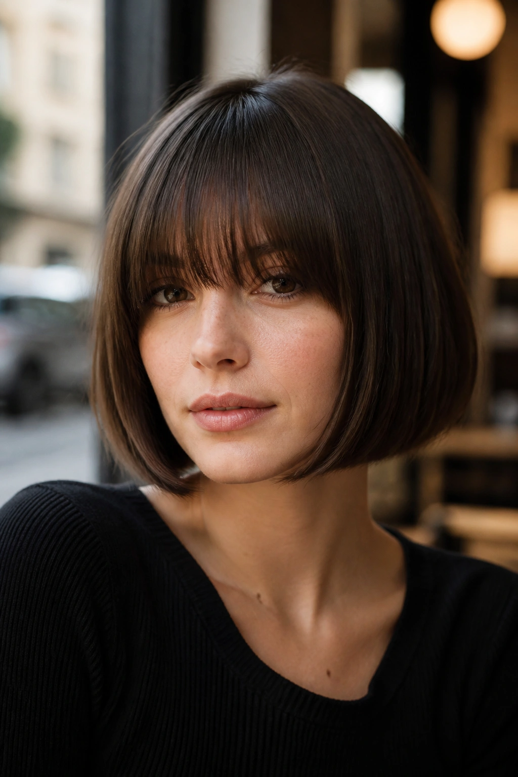 Close-up portrait of a real person with a blunt one-length bob and full eyelash bangs