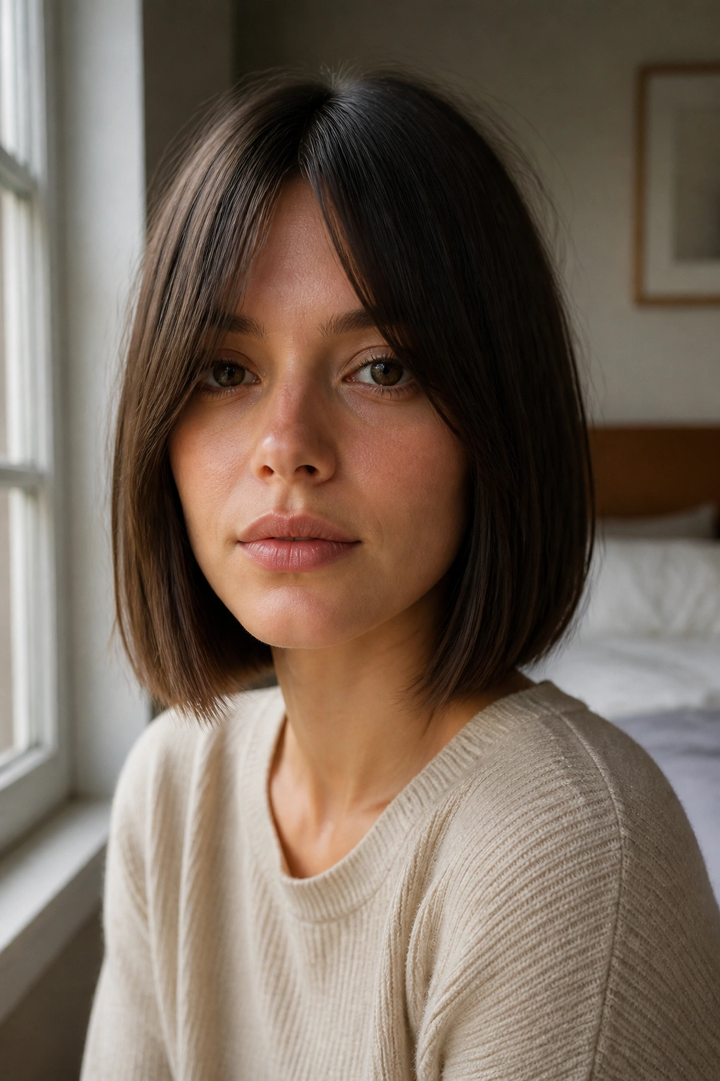 Close-up portrait of a real person with a blunt one-length bob and center-part fringe