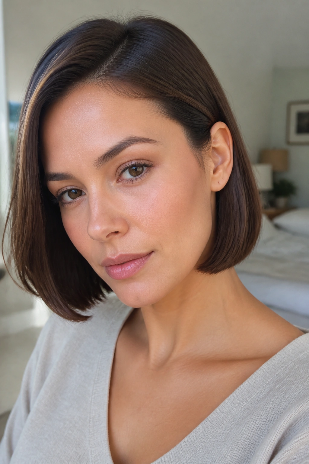 Close-up of a real woman with a sleek one-length bob under warm window light