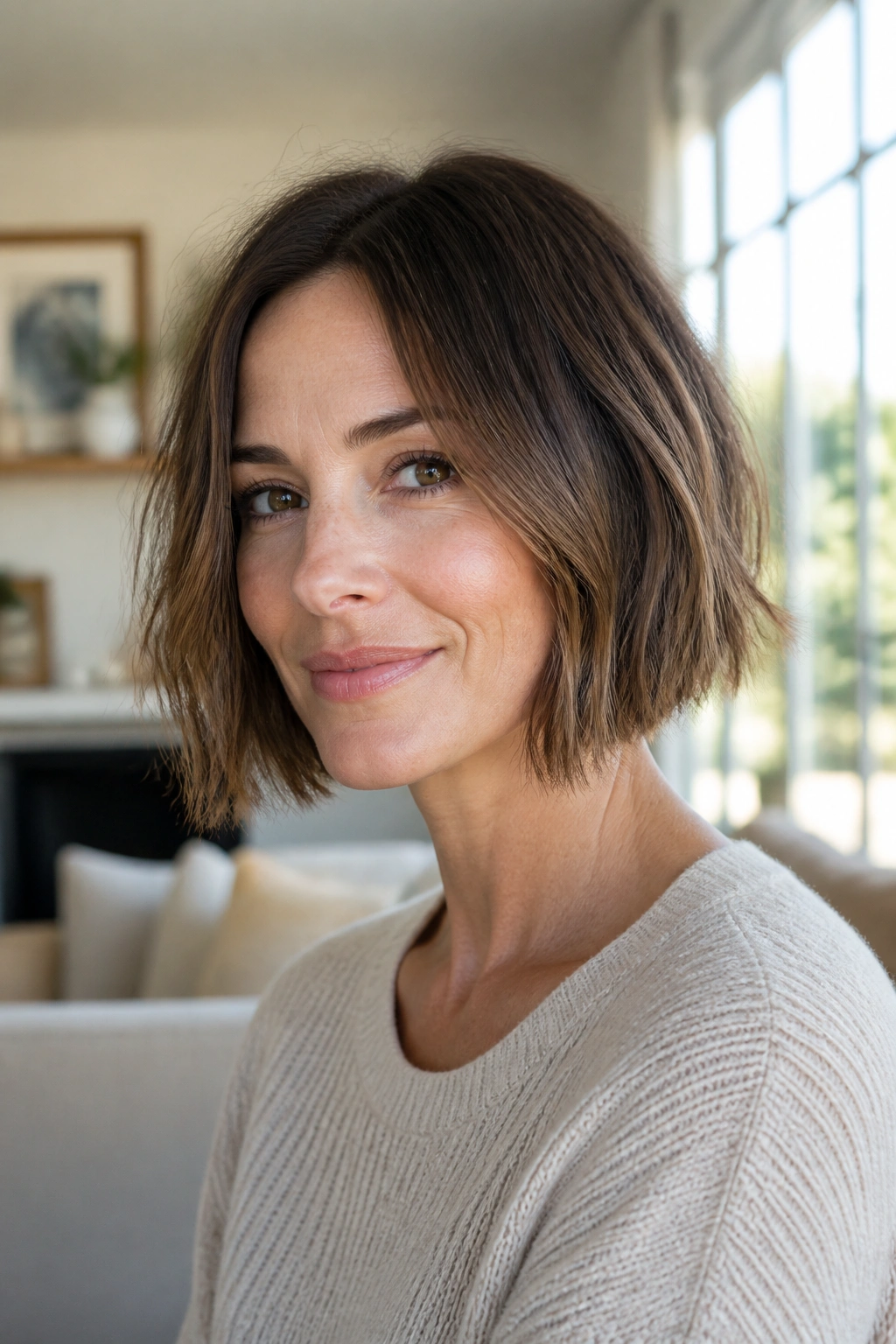 Close-up portrait of a real woman with a textured one-length bob in sunlit home interior