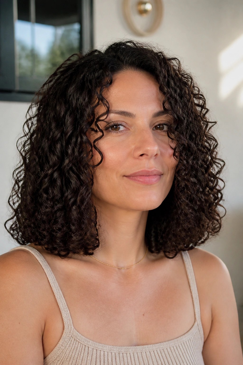 Real woman with blunt one-length curly haircut and dense ends in natural light