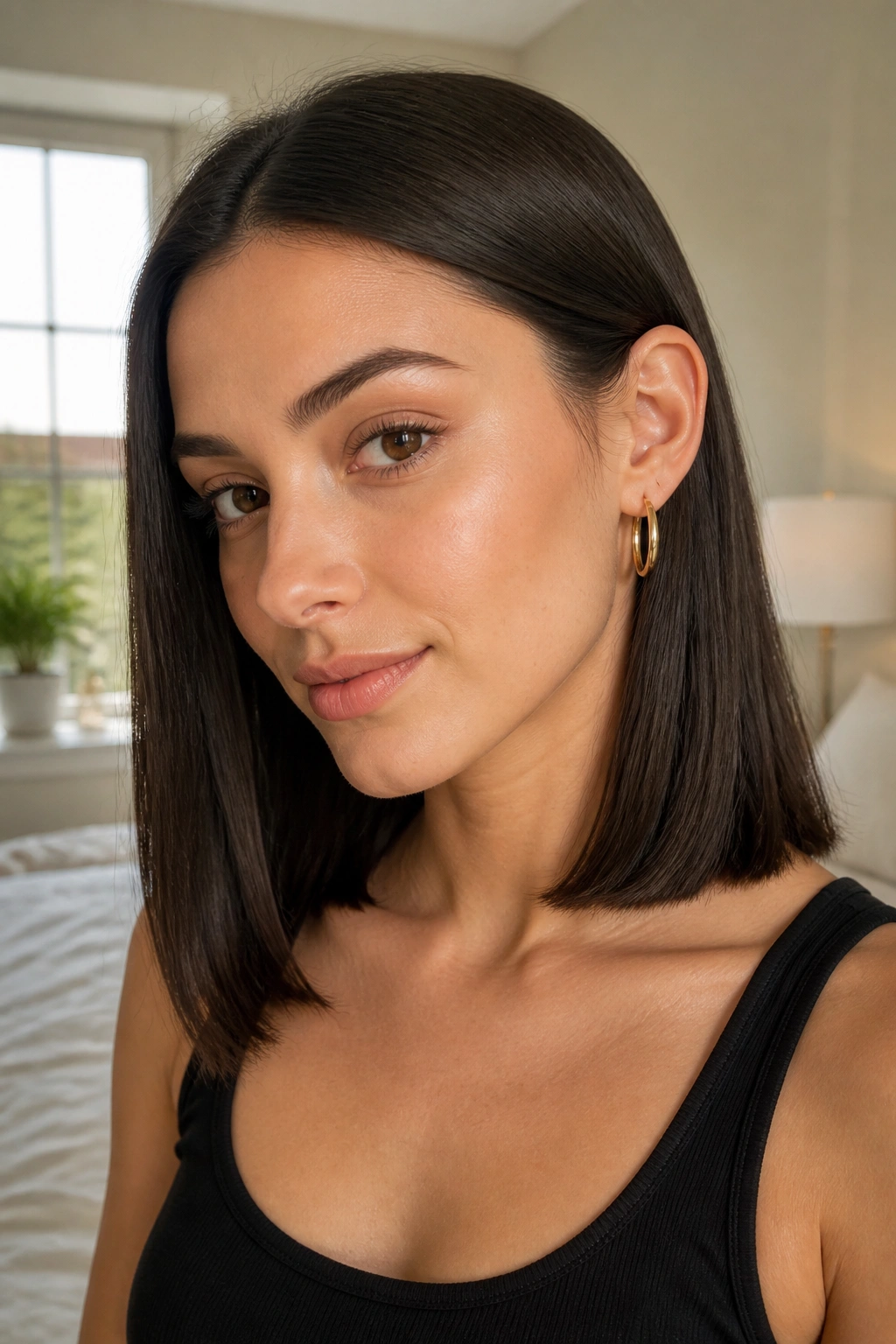 Close-up of a real woman with a sleek one-length cut tucked behind the ear