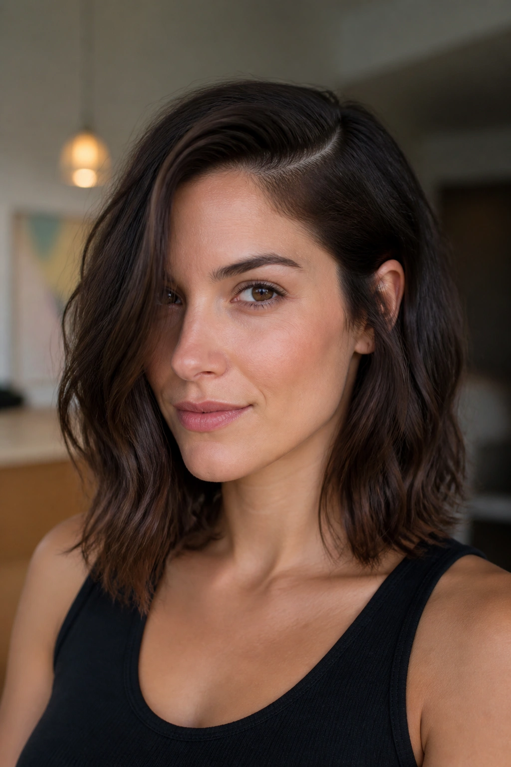 Close-up of woman with deep side part and one-length haircut