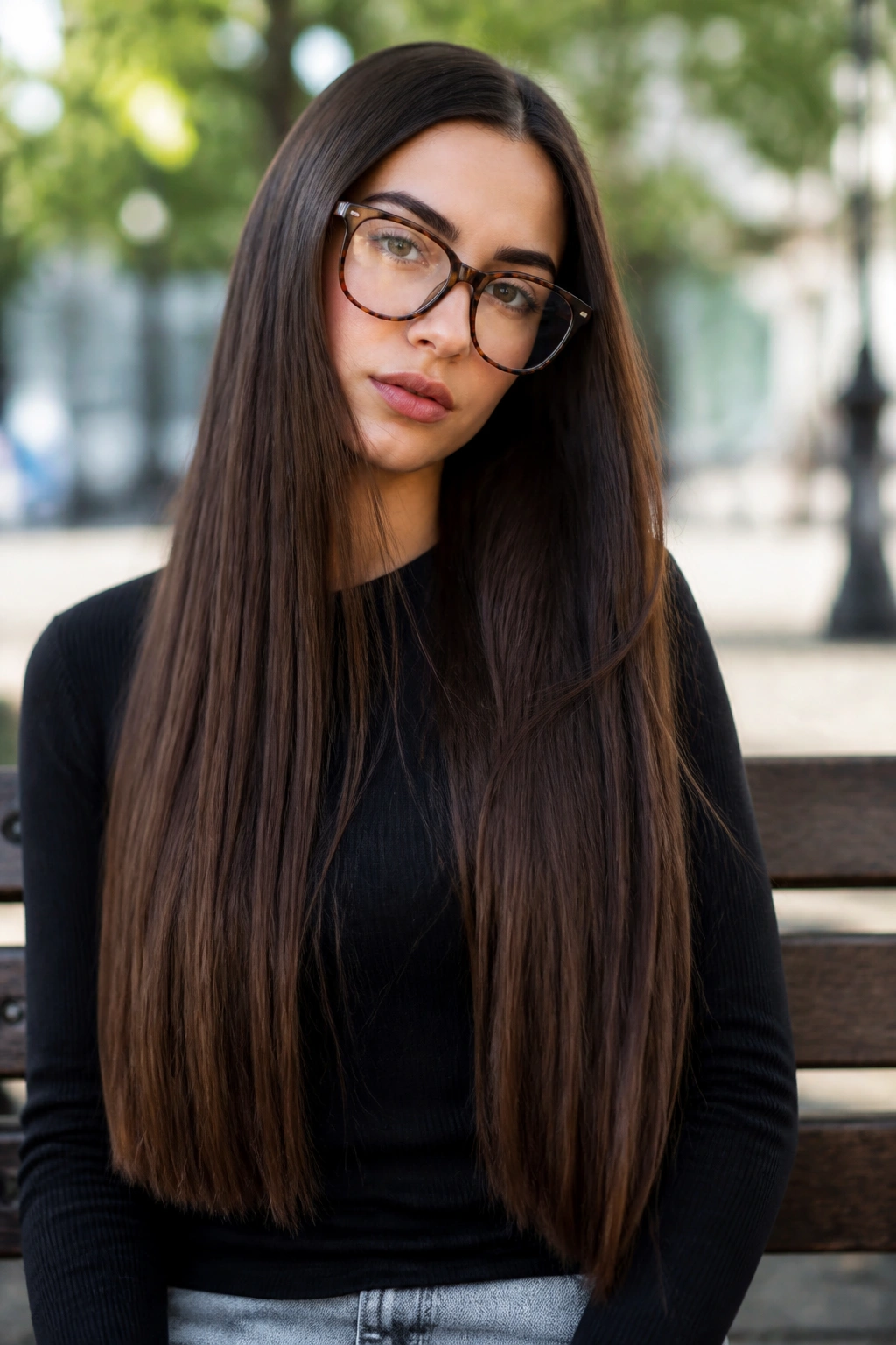 Close-up portrait of a real woman with waist-length one-length hair.
