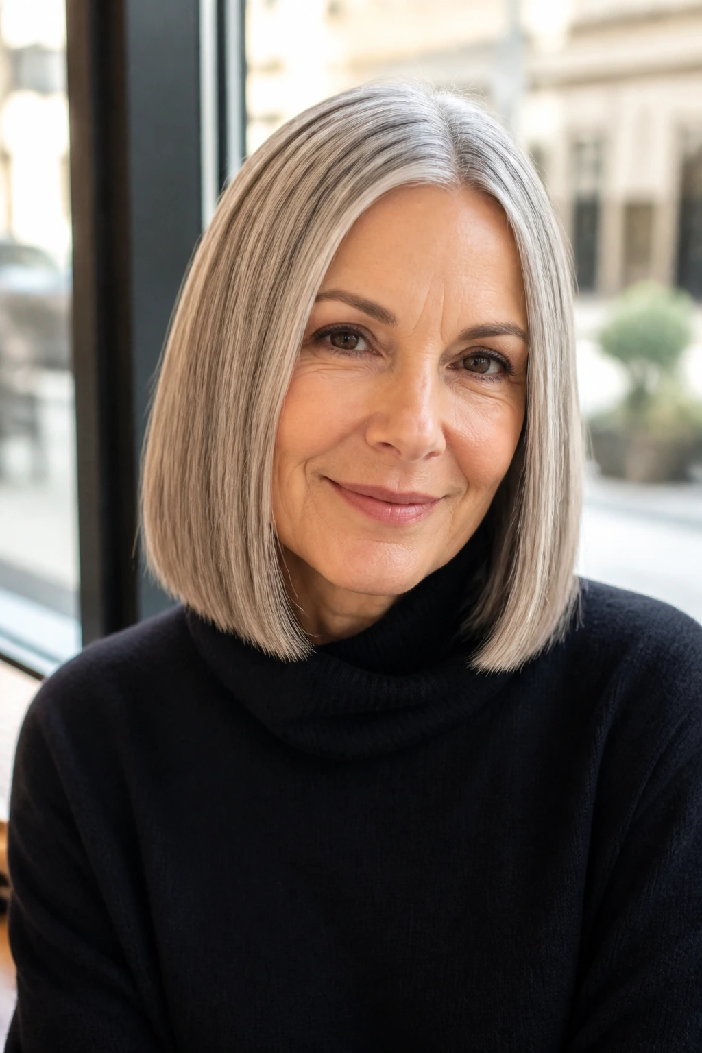 Real woman with a sleek one-length lob in natural daylight.