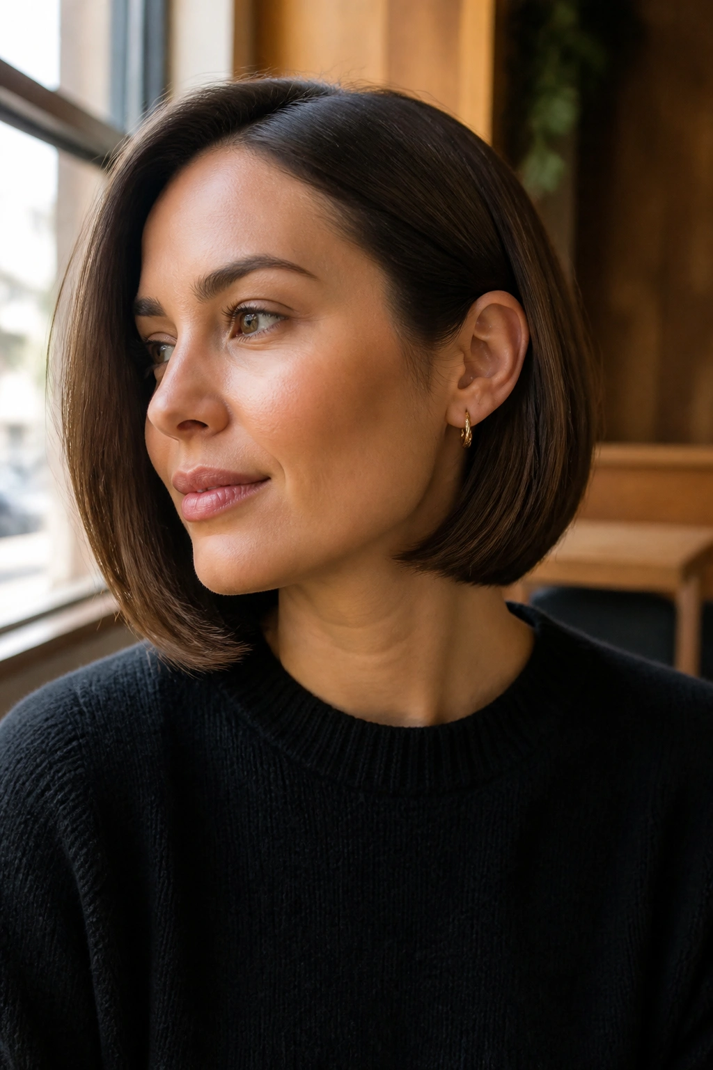 Close-up of real person with one-length lob tucked behind ear in cafe window light