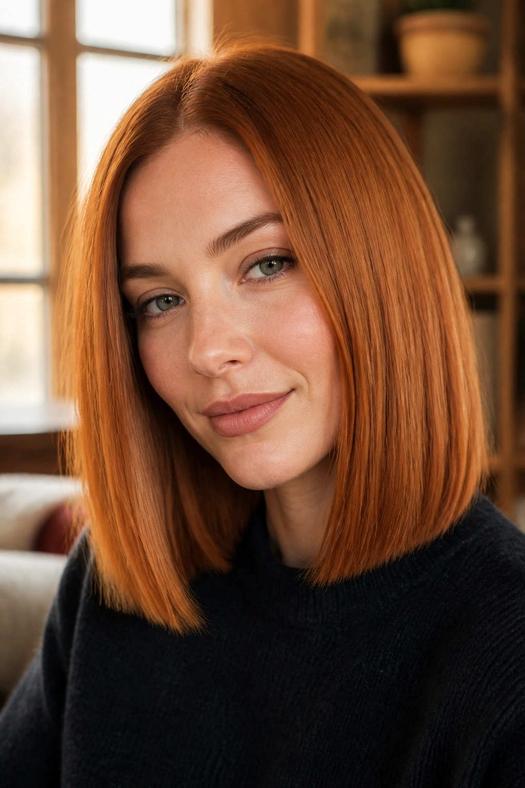 Close-up portrait of a real woman with a shoulder-length blunt-cut One-Length Lob in glossy copper-red hair