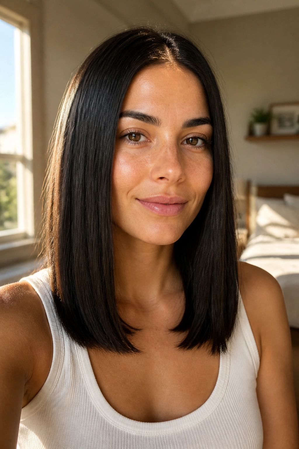 Close-up of a woman with a sleek one-length midi cut, shoulder-to-chest length