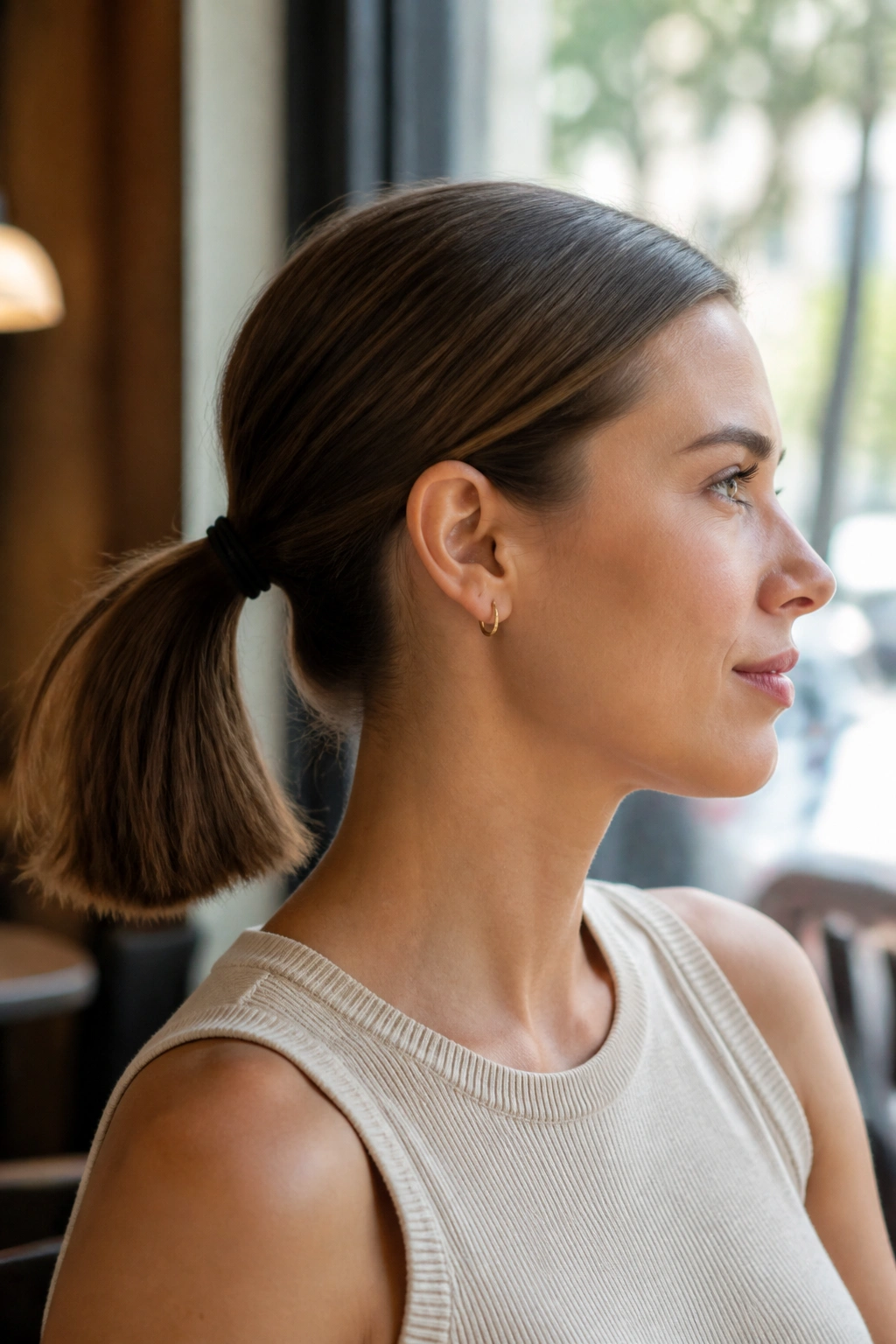 Close-up portrait of a real woman with a one-length midi cut and neatly tied ponytail